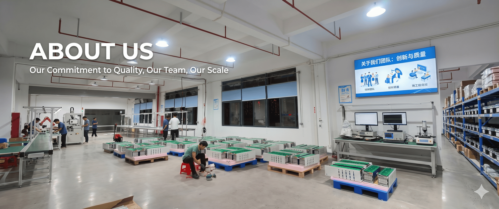 RAKOUR manufacturing facility showing professional assembly of LFP battery cells and energy storage systems in a modern industrial workshop