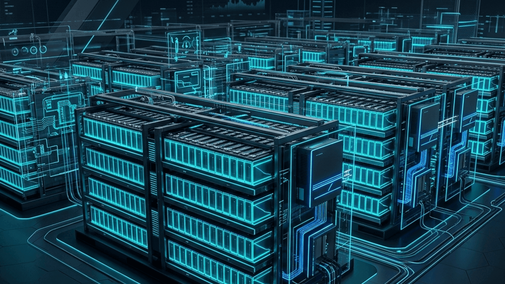 Futuristic 3D rendering of a modular battery energy storage system (BESS) with glowing cyan and blue neon circuits, showing battery cell integration and power conversion flows on a dark high-tech background.