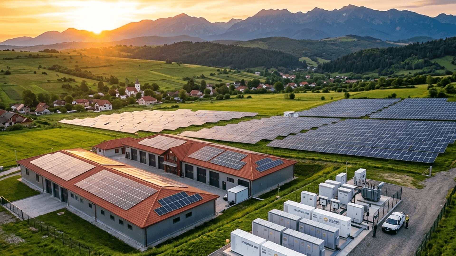 Commercial facility with solar panels on red tiled roofs and battery storage cabinets in Romania at sunrise.