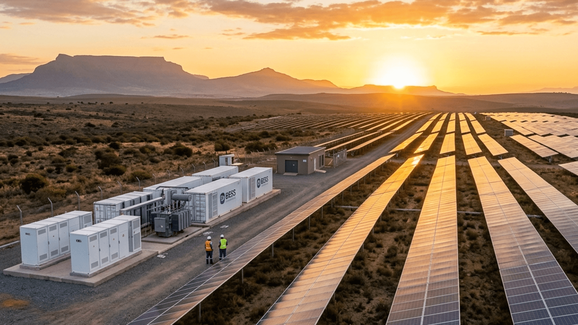 Utility-scale solar power plant and integrated battery energy storage cabinets, driving South Africa's energy transition.