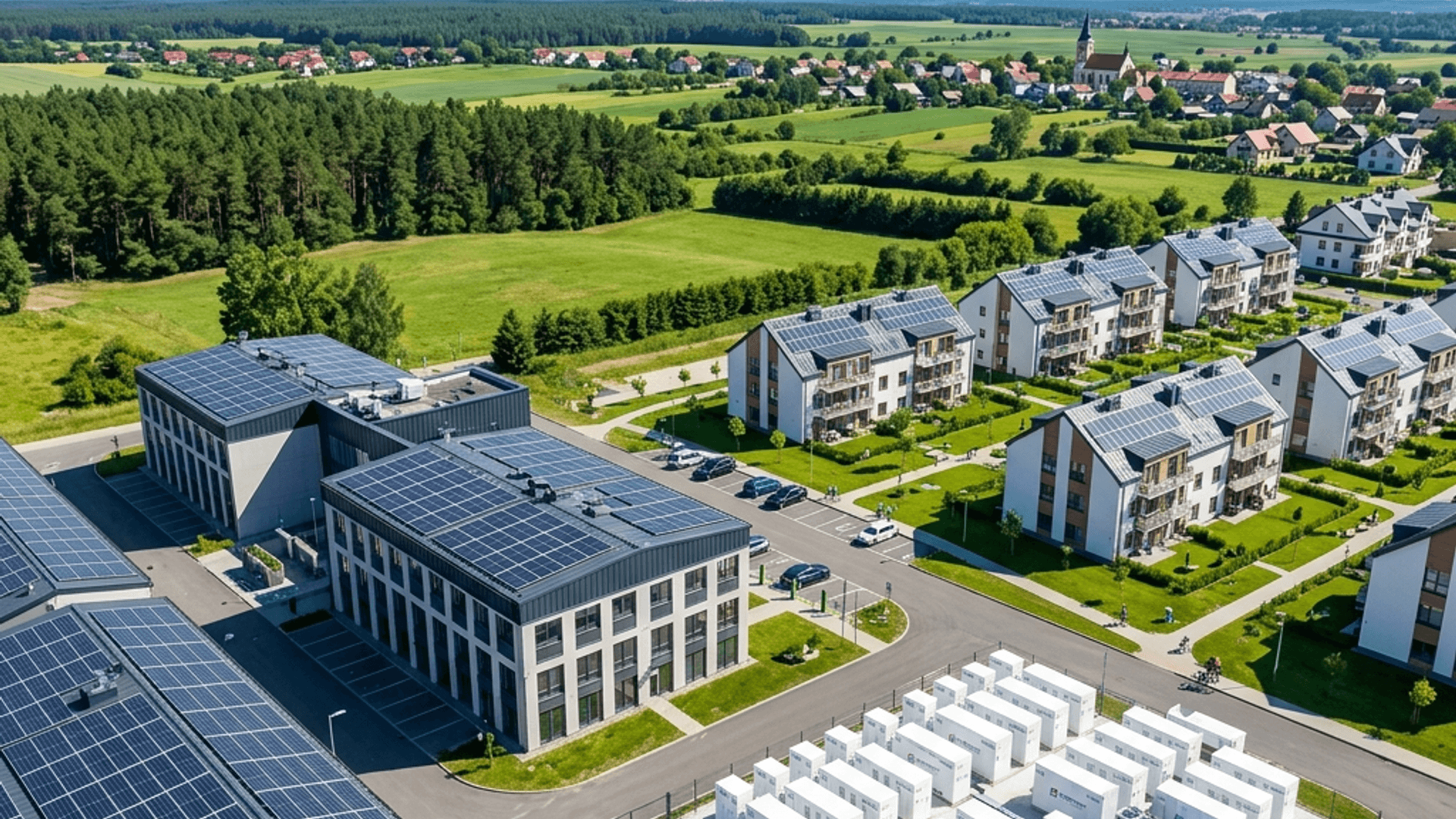 Commercial building with solar panels and integrated battery energy storage cabinets in Poland during a sunny morning.