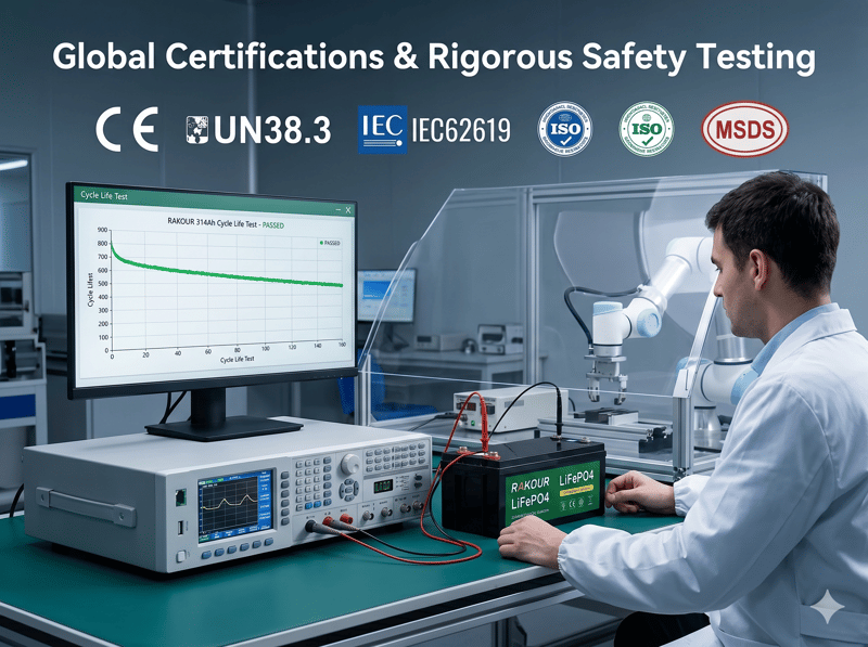 RAKOUR LiFePO4 battery undergoing rigorous cycle life safety testing in a lab, featuring CE, UN38.3, and IEC62619 certifications