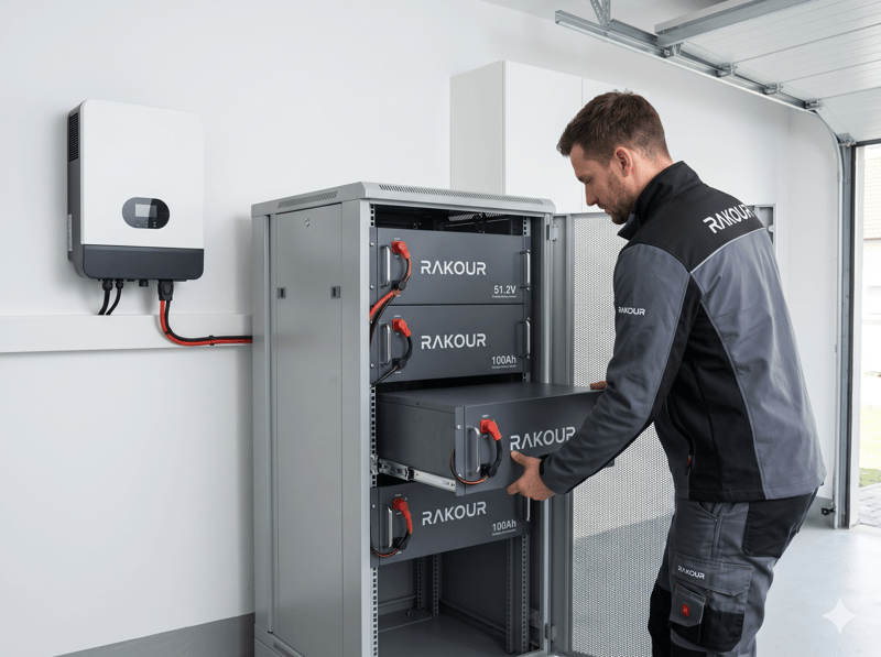 Technician installing a scalable RAKOUR low voltage rack-mounted LiFePO4 battery module for residential use