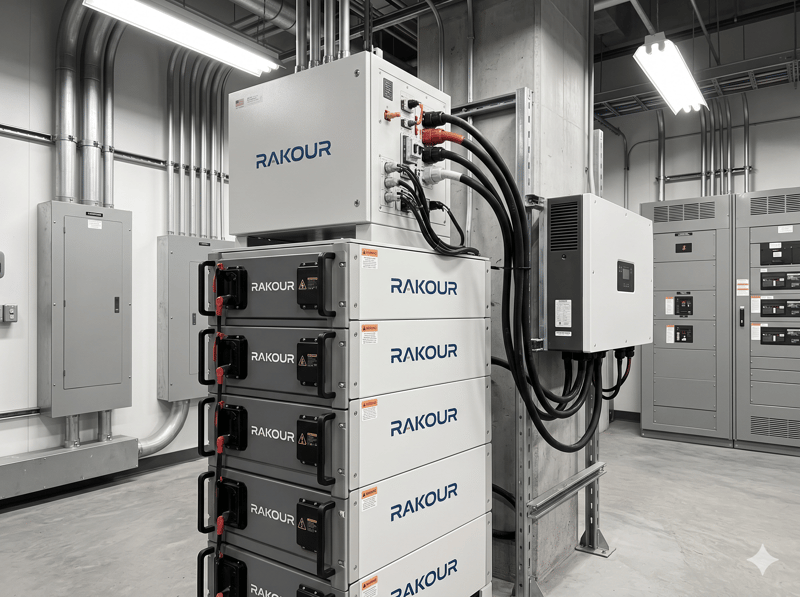 RAKOUR high-voltage stackable battery energy storage system with centralized BCU connected to a commercial inverter