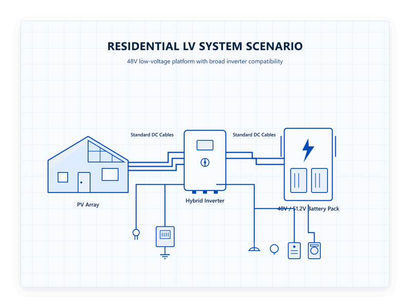 Bright blueprint engineering diagram of Rakour 48V low-voltage residential energy storage system showing PV array, hybrid inverter, and wall-mounted battery in a premium card frame.
