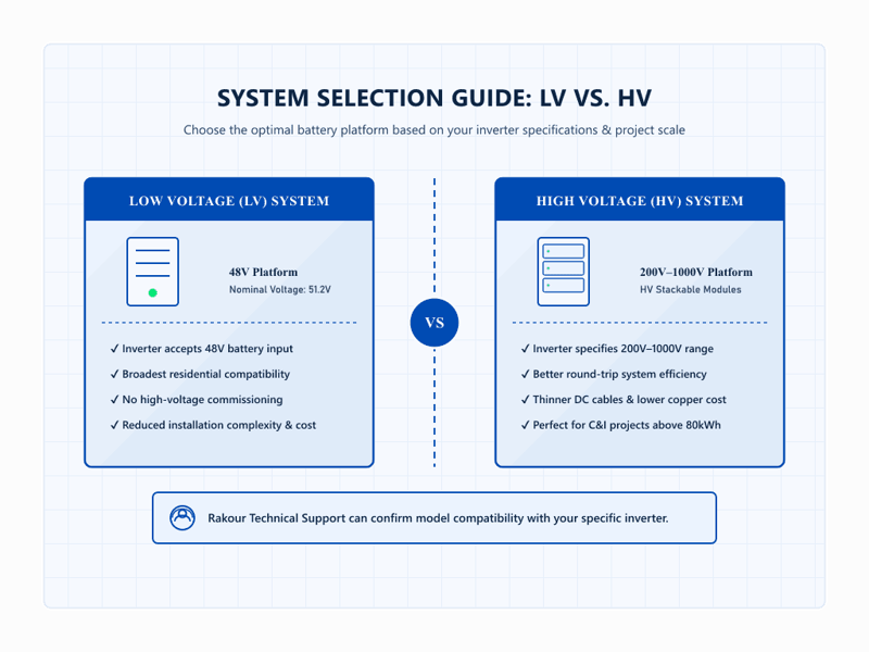 Bright blueprint selection guide comparing Rakour Low Voltage (48V) and High Voltage (200V-1000V) battery systems in a premium card frame.