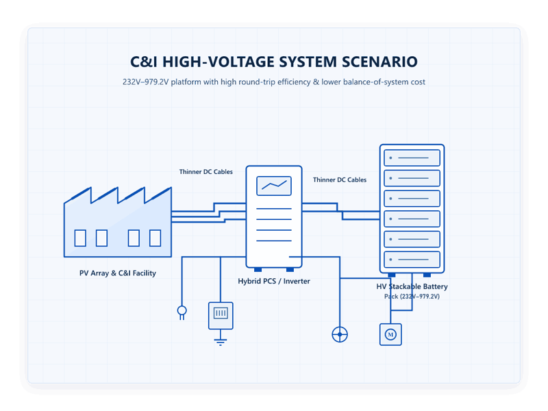 Bright blueprint engineering diagram of Rakour High Voltage battery storage system showing stackable HV battery cabinet, PCS inverter, and C&I facility in a premium card frame.