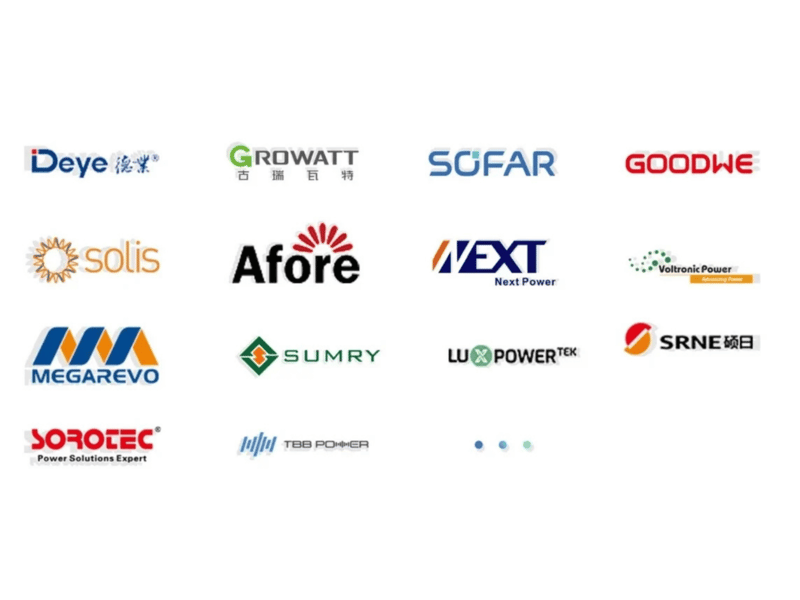 Rakour LiFePO4 battery compatible inverter brands including Deye, Growatt, Sofar, GoodWe, Solis, Afore, Victron, and SolarEdge