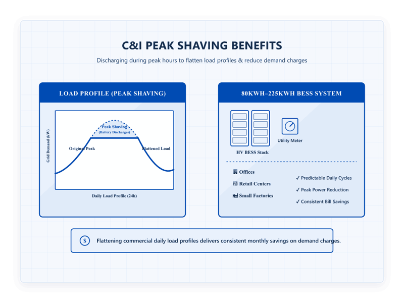 Bright blueprint engineering diagram demonstrating peak shaving with Rakour High Voltage battery systems to cut commercial demand charges.