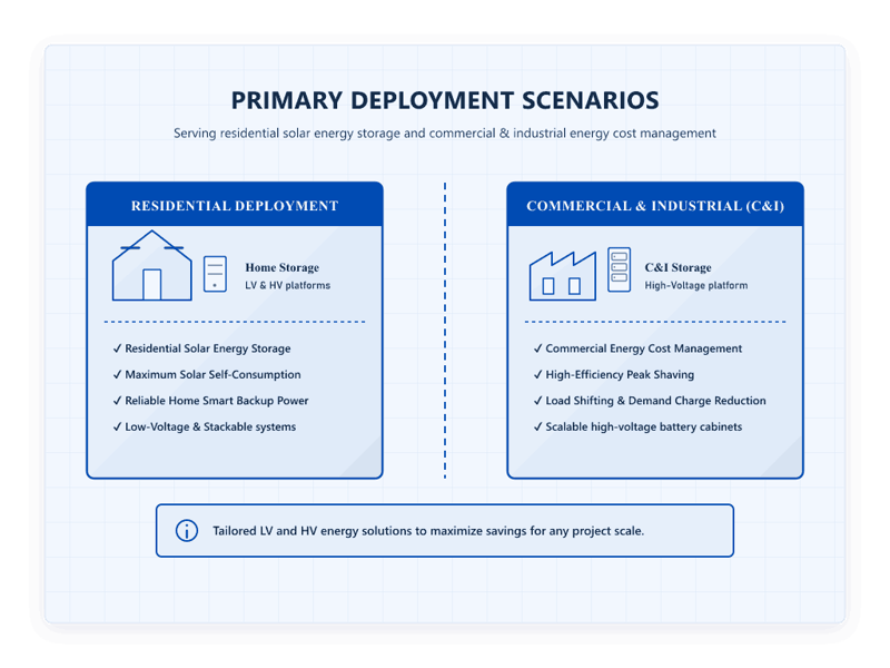 Bright blueprint engineering diagram comparing Rakour Residential and Commercial & Industrial (C&I) battery storage deployment scenarios.