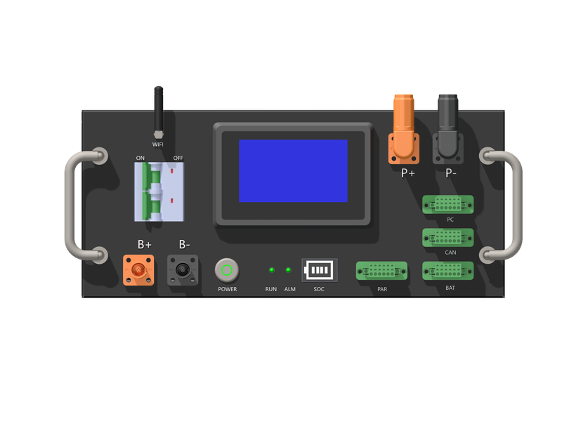 Rakour 51.2V 200Ah rack-mounted battery module front panel showing terminal connection points B+ and B- and communication ports.