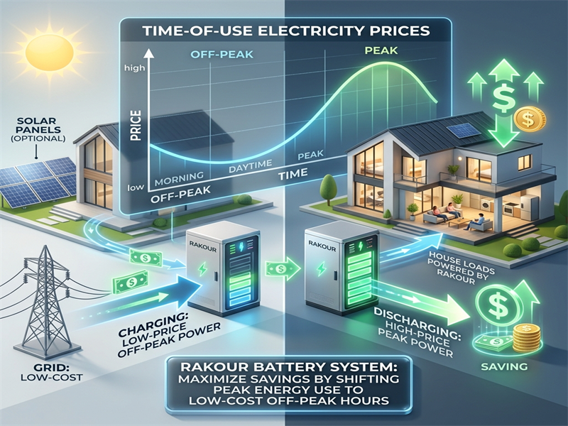 Home energy storage system infographic illustrating peak shaving and cost reduction by charging during off-peak times and discharging during peak-rate evening hours.