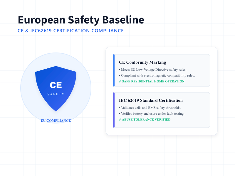 CE and IEC62619 safety certification badges for Rakour 51.2V 314Ah low-voltage solar storage battery.