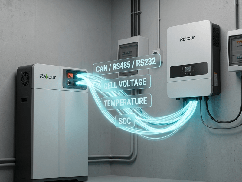 Rakour low-voltage home battery communicating via CAN, RS485, and RS232 to transmit real-time cell voltage, temperature, and SOC directly to a hybrid inverter without intermediate gateway hardware.