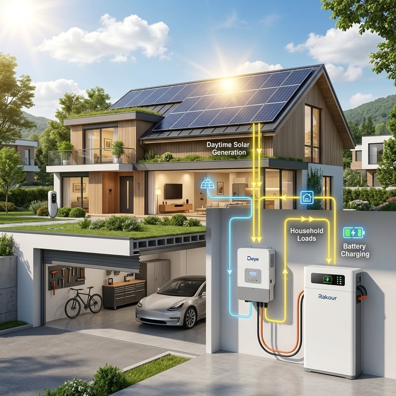 Rakour home battery storage connected to a Deye hybrid inverter, storing surplus solar energy from roof panels to maximize self-consumption.