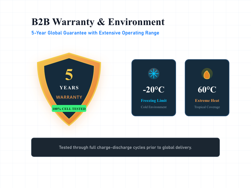 Rakour 51.2V 200Ah lithium solar battery with 5-year B2B warranty and wide operating temperature range.