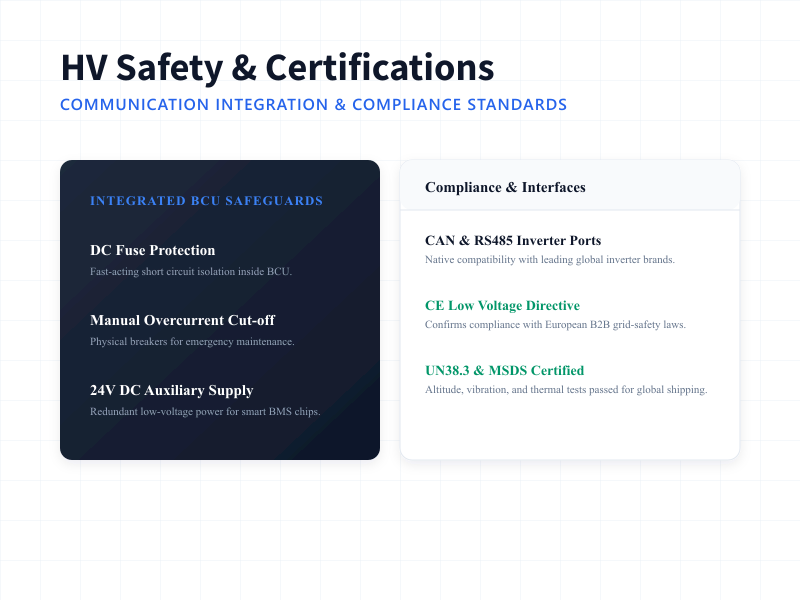 Protection mechanisms and CE UN38.3 certification badges of Rakour 314Ah high-voltage battery system.