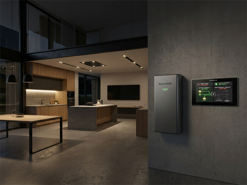 Luxury modern home interior during outage with an integrated battery system intelligently directing backup power to essential lighting.
