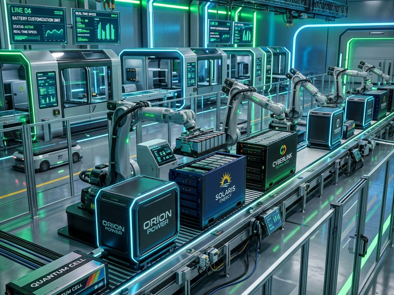 Futuristic smart assembly line showing Rakour OEM and ODM manufacturing capability for custom branded battery enclosures and protocol adaptation.