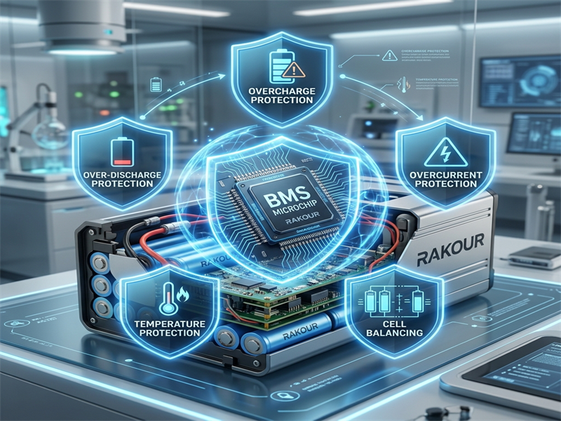 BMS battery management system details illustrating multi-layer protections for cell voltage, current, and temperature.