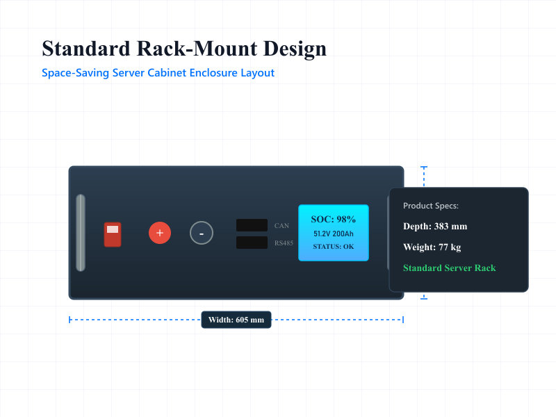 Front panel display and dimensions of Rakour compact 51.2V 200Ah rack-mounted battery for standard server cabinet.