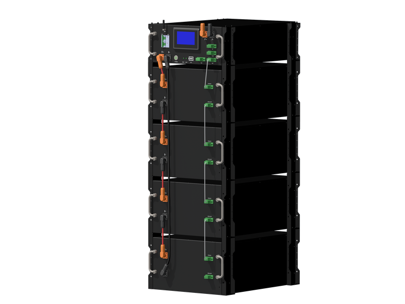 Side angle view of Rakour high-voltage rack-mounted lithium iron phosphate battery system demonstrating modular stacking cabinet.