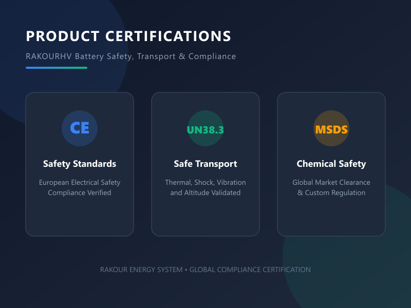 RAKOURHV High-Voltage Battery Certifications showing CE compliance badge, UN38.3 safe transport certification, and MSDS chemical safety data sheets for global customs clearance.
