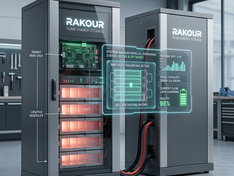 Parallel battery expansion rules showing voltage matching within 1V and smart BMS auto-balancing SOC gaps within two cycles to maintain long-term consistency without manual recalibration.