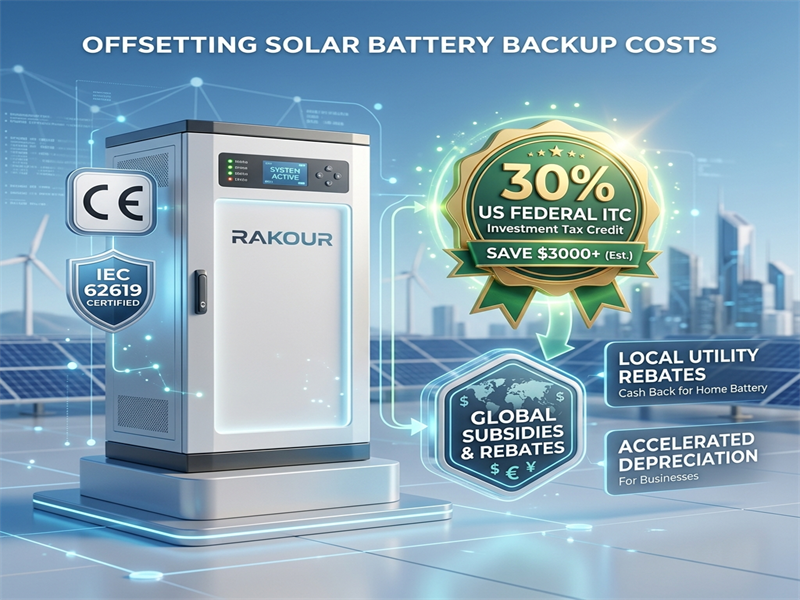 RAKOUR battery cabinet displaying global certification badges like CE and IEC 62619, highlighting local incentive qualification.