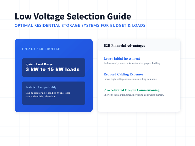 Low voltage battery selection guide matching 3kW-15kW home loads and electrician installer requirements.