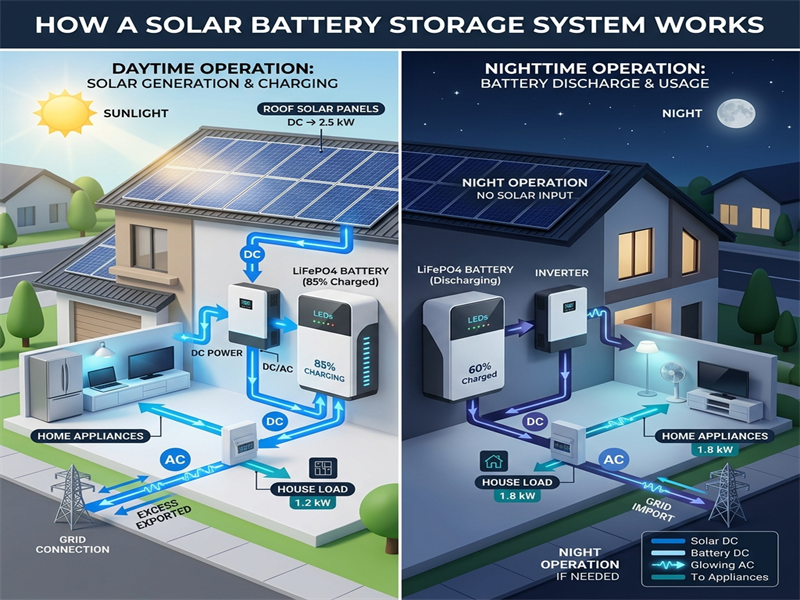 Solar battery storage system diagram showing electricity captured from solar panels, stored in LiFePO4 modules, and converted to AC for household appliances.