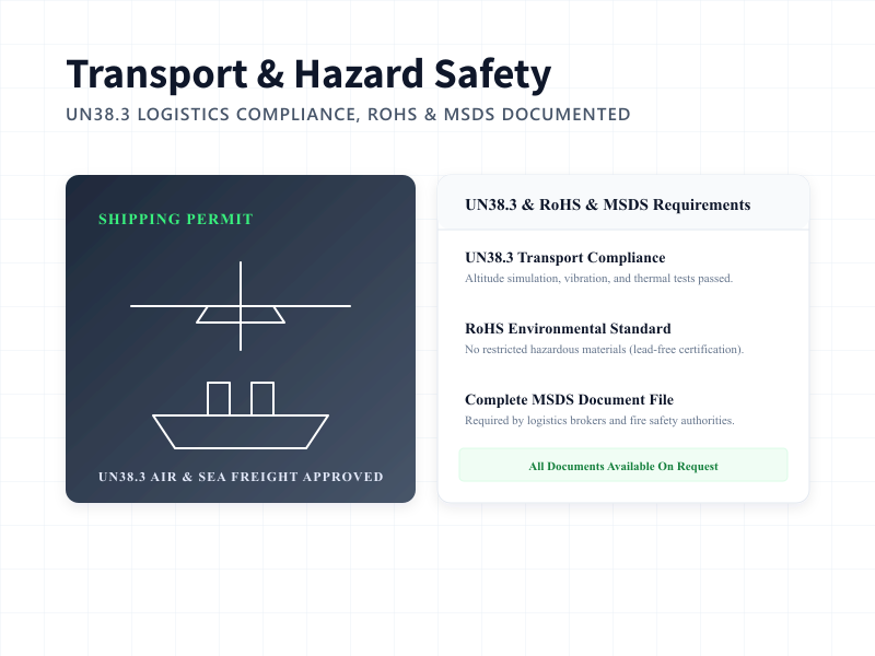 UN38.3 transport safety compliance permit and MSDS document check for Rakour 51.2V 200Ah lithium battery shipping.