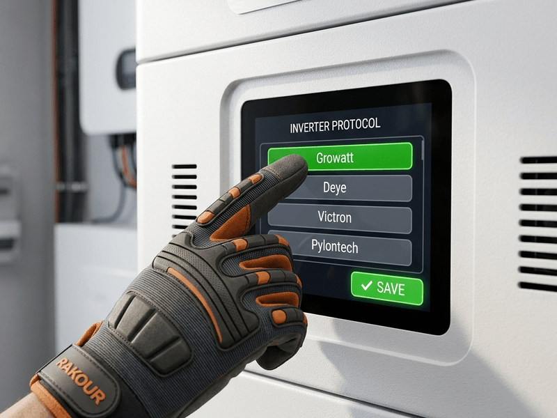An installer selecting an inverter protocol like Growatt, Deye, Victron, or Pylontech directly from the Rakour home battery touch screen interface, eliminating the need for a laptop on-site.