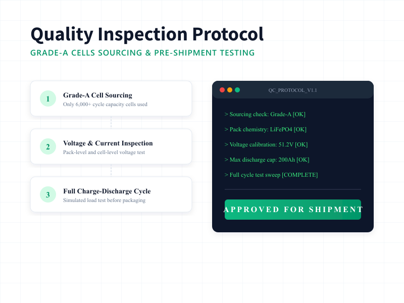 Cell voltage, pack current, and charge-discharge pre-shipment quality testing protocol for Rakour 51.2V 200Ah LiFePO4 battery.