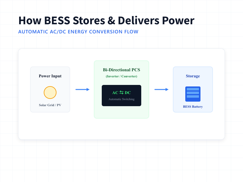 Power flow schematic diagram of a BESS showing automatic AC to DC charge and DC to AC discharge conversion.