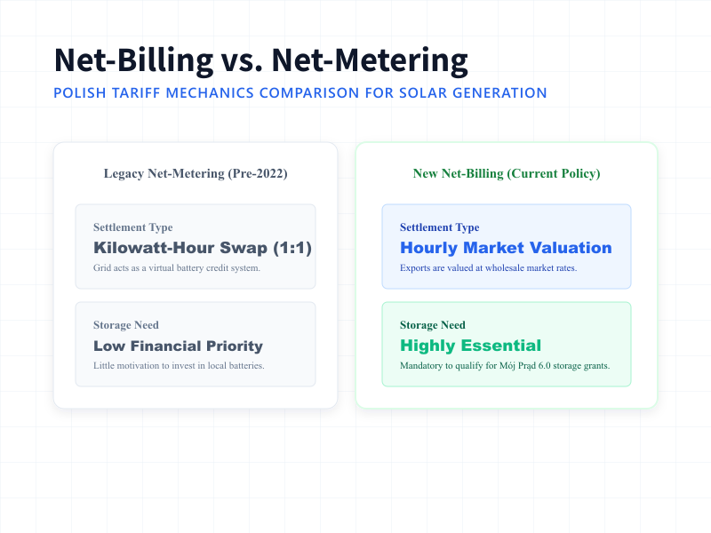 Tariff comparison diagram comparing Polish legacy net-metering and new net-billing market valuation models.