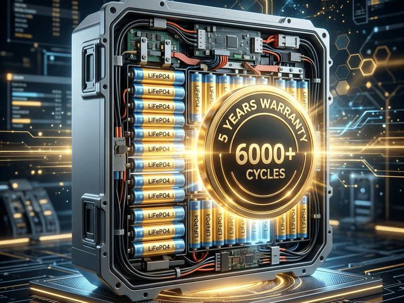 A glowing 3D graphic showing Rakour battery 5-year warranty and durable LiFePO4 cells delivering over 6,000 charge-discharge cycles.