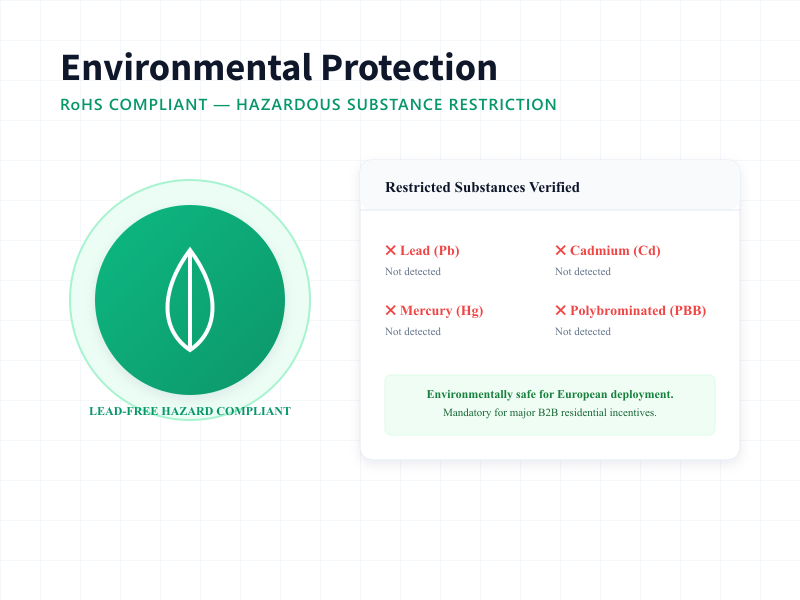 RoHS environmental compliance green badge indicating no restricted hazardous substances in Rakour 51.2V 314Ah battery.