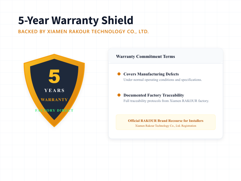 Xiamen Rakour Technology official 5-year warranty seal and trust certificate for 200Ah B2B battery installers.