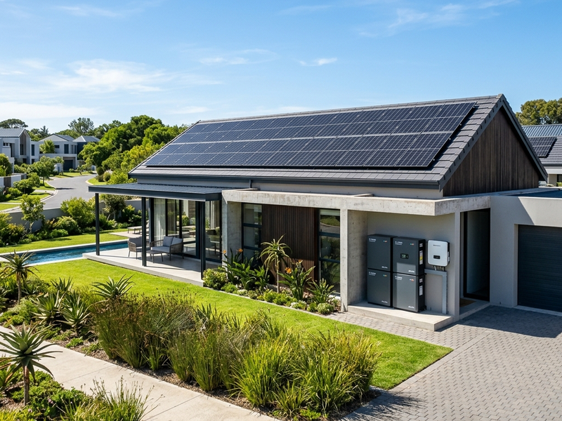 Solar battery storage storing daytime generation for backup power during evening load shedding in South Africa.