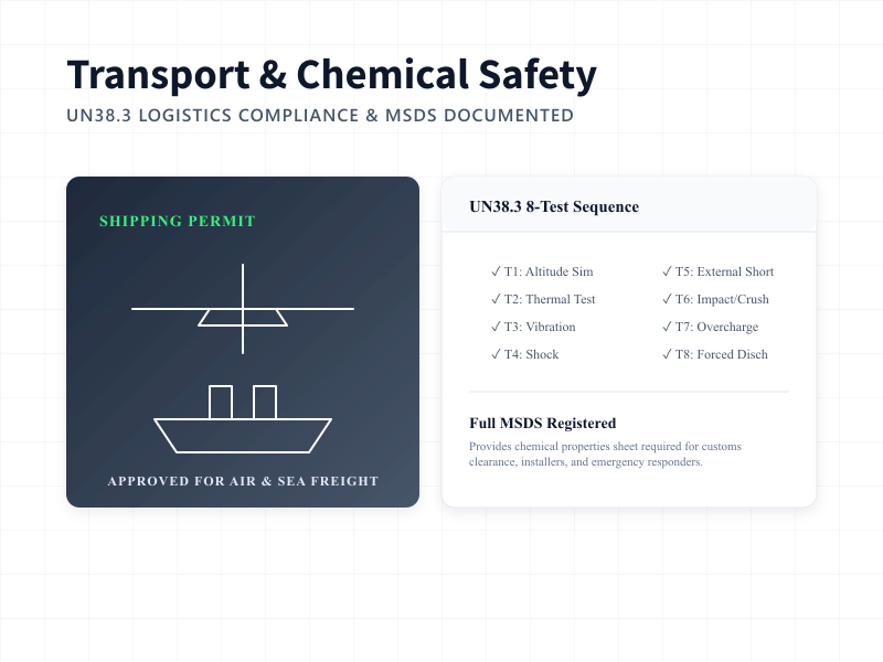 UN38.3 transport safety compliance permit and MSDS document check for Rakour 51.2V 314Ah lithium battery shipping.