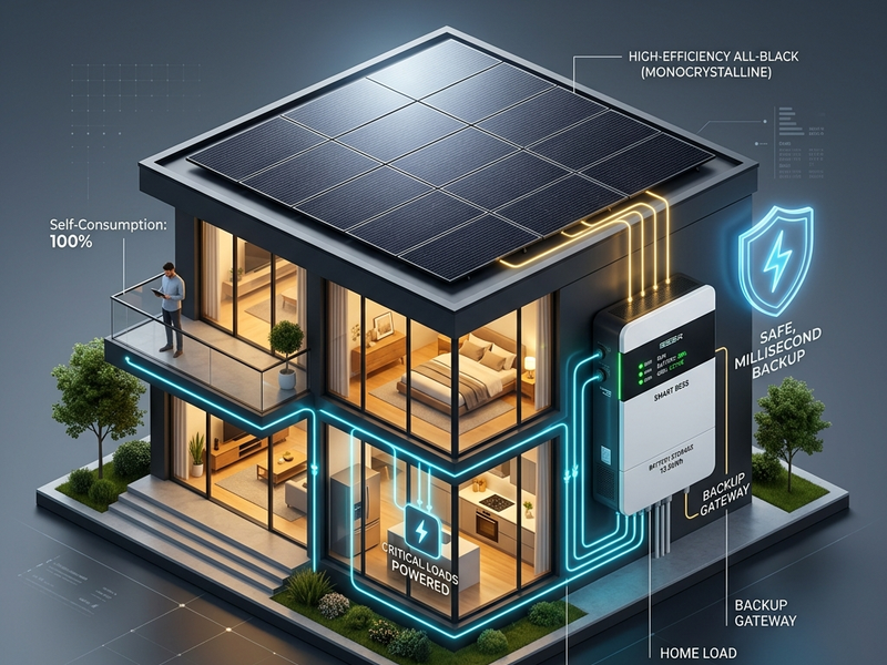 Residential solar battery storage system connected to rooftop panels for home self-consumption and uninterrupted power supply.