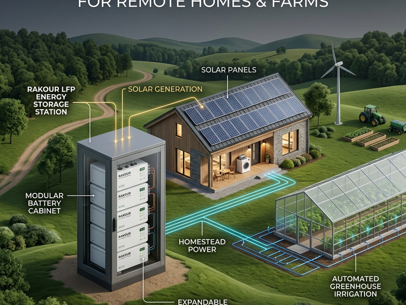 Scalable modular LFP battery storage system configuration in series and parallel for off-grid remote homes and farms.