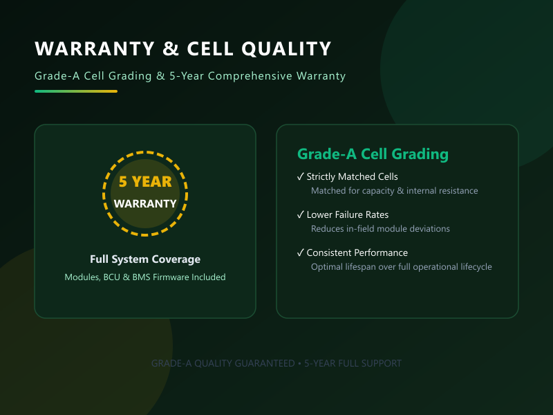 RAKOUR Grade-A cell quality assurance showcasing capacity-matched LiFePO4 cells and 5-year comprehensive system warranty coverage.