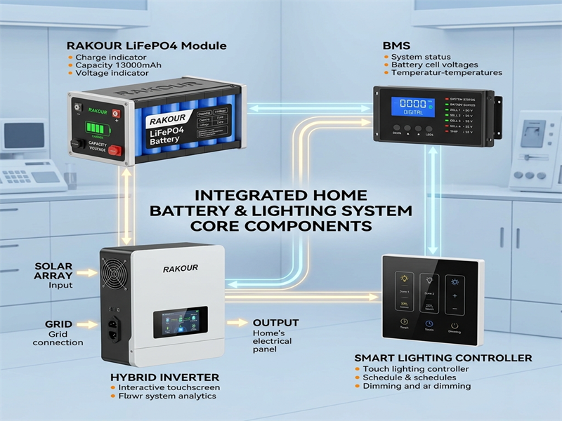 Infographic detailing components of integrated energy storage: LiFePO4 battery, BMS, inverter, and smart lighting controller.