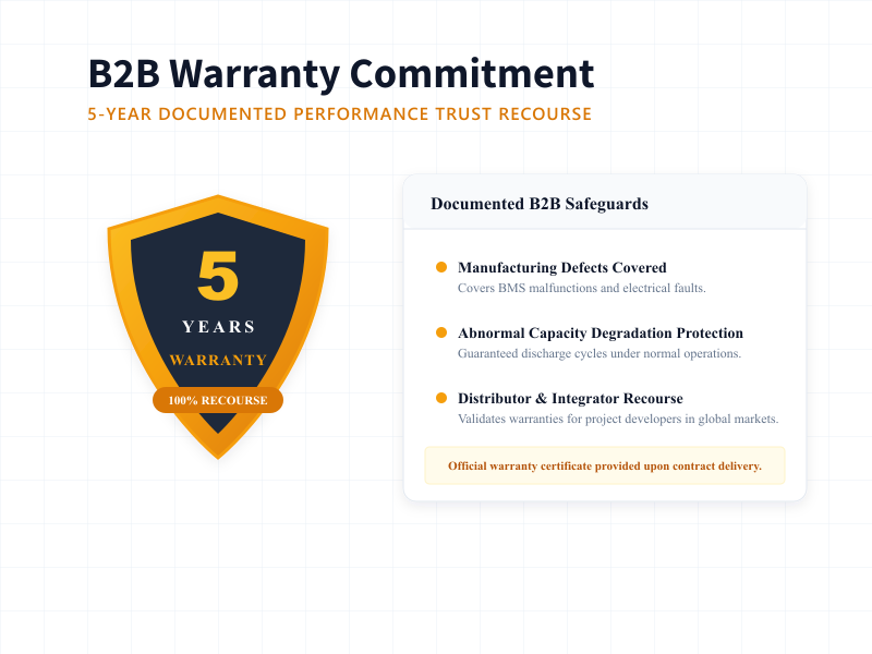 Documented 5-year B2B warranty commitment shield and coverage terms for Rakour 51.2V 200Ah server rack battery.