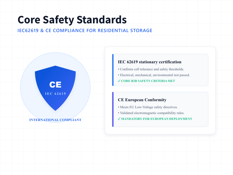 CE and IEC62619 safety certification badges for Rakour 51.2V 200Ah low-voltage wall-mounted home battery.