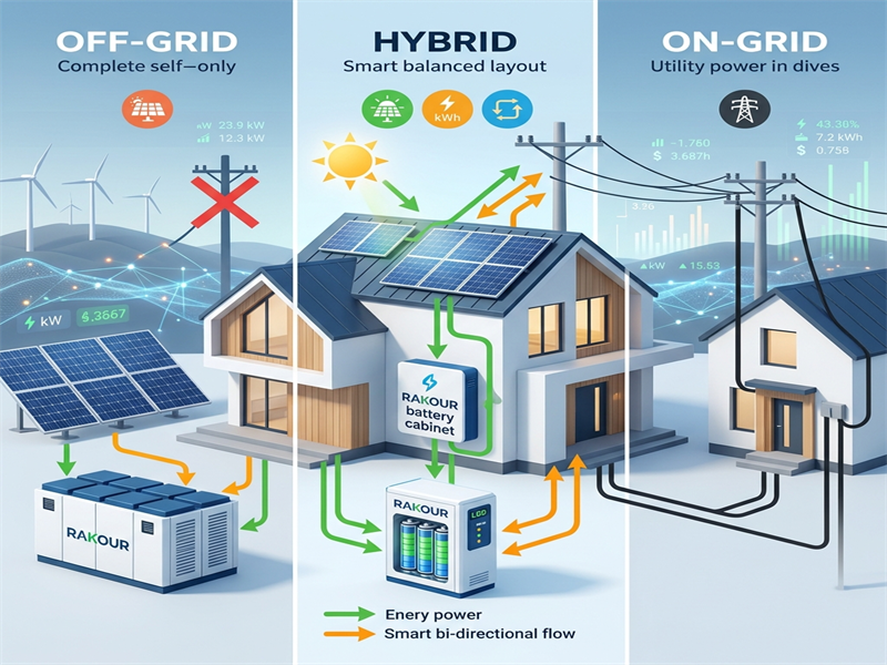 Comparison diagram of home battery backup deployment modes: On-Grid, Off-Grid, and Hybrid configurations, highlighting hybrid operation.