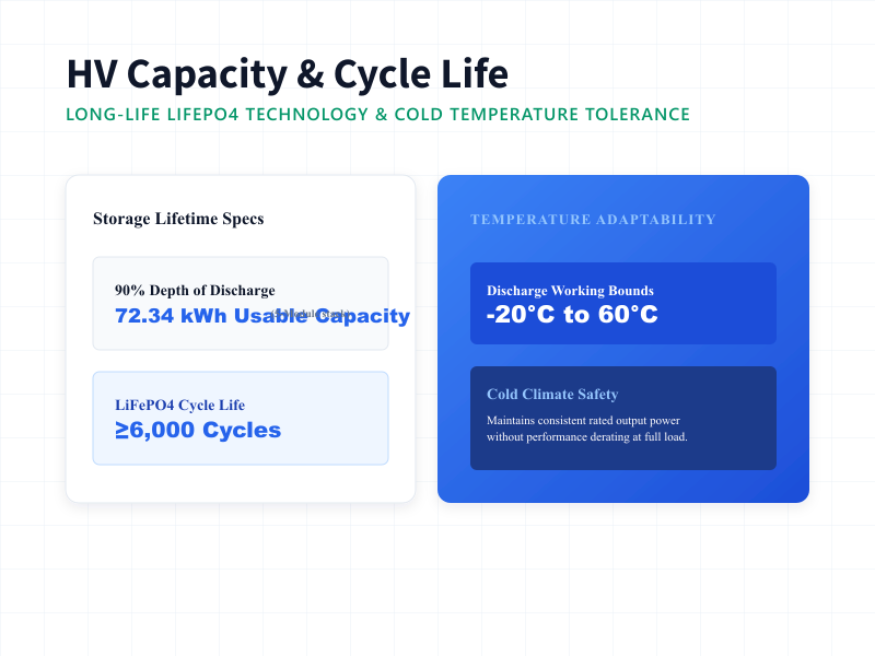 Lifespan and temperature tolerance specs of 314Ah-HV battery showing 6000 cycles and -20C cold climate operation.
