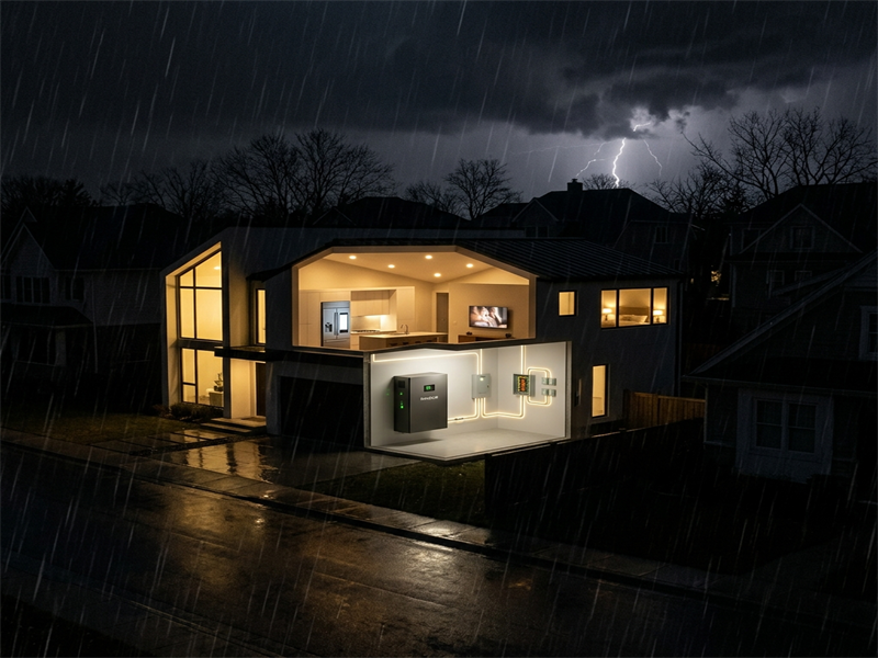 RAKOUR home battery backup system providing continuous illumination and power to critical appliances during a complete grid blackout.